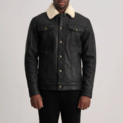 Dallis Tumbled Black Shearling Trucker Jacket in Distressed Black Sheepskin Snuffed - Vista frontale e linea su misura | Acquista online