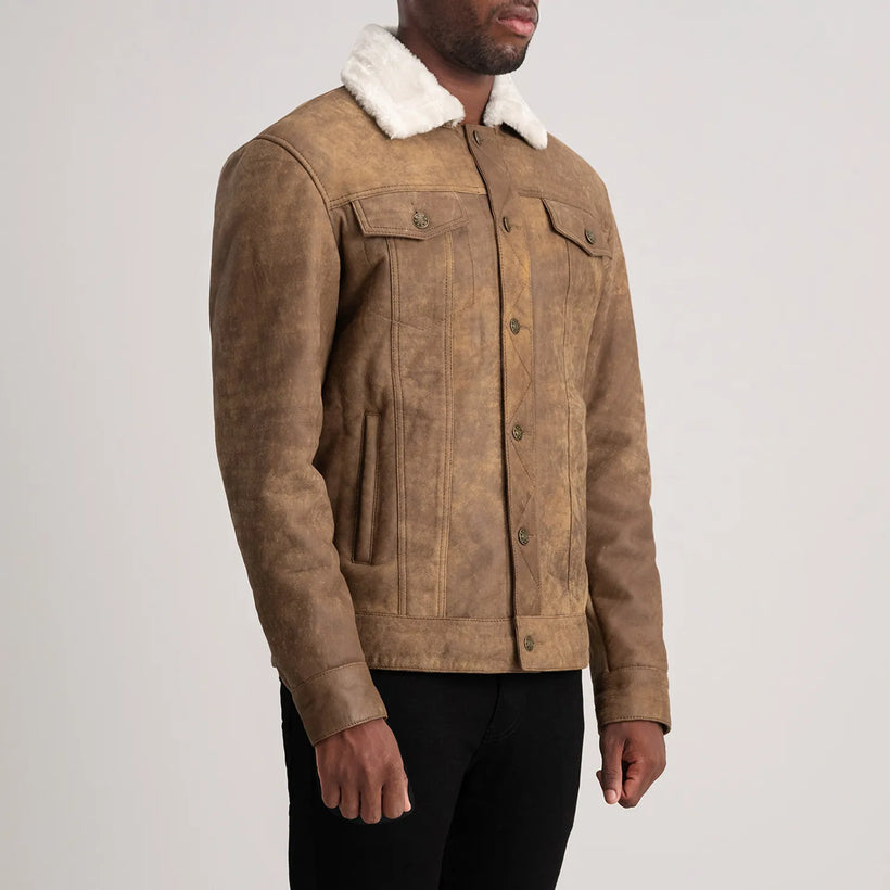 Dallis Effetto Usurato Marrone Leather Shearling Trucker Giacca in Pelle da Uomo