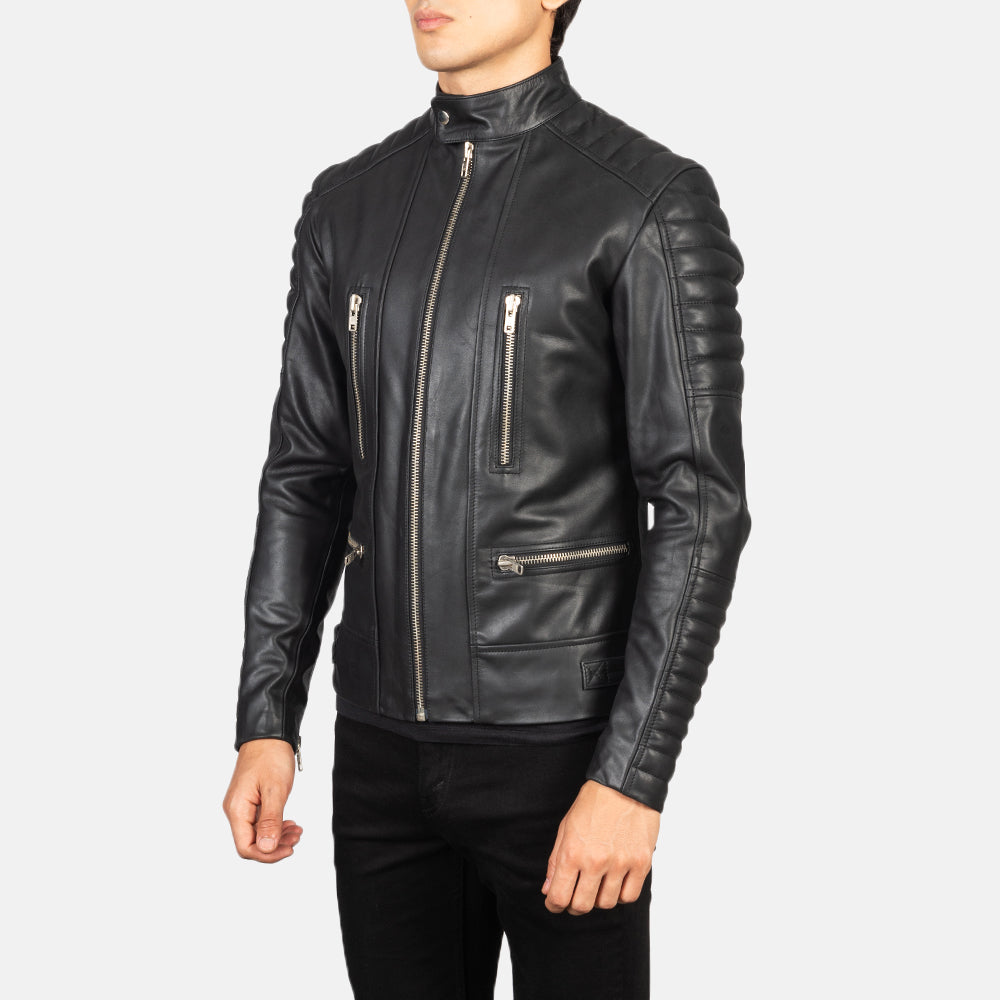 Grey Sheepskin Suede Biker Jacket - Vista posteriore Showing Tailored Shoulder Fit &amp; Clean Hemline