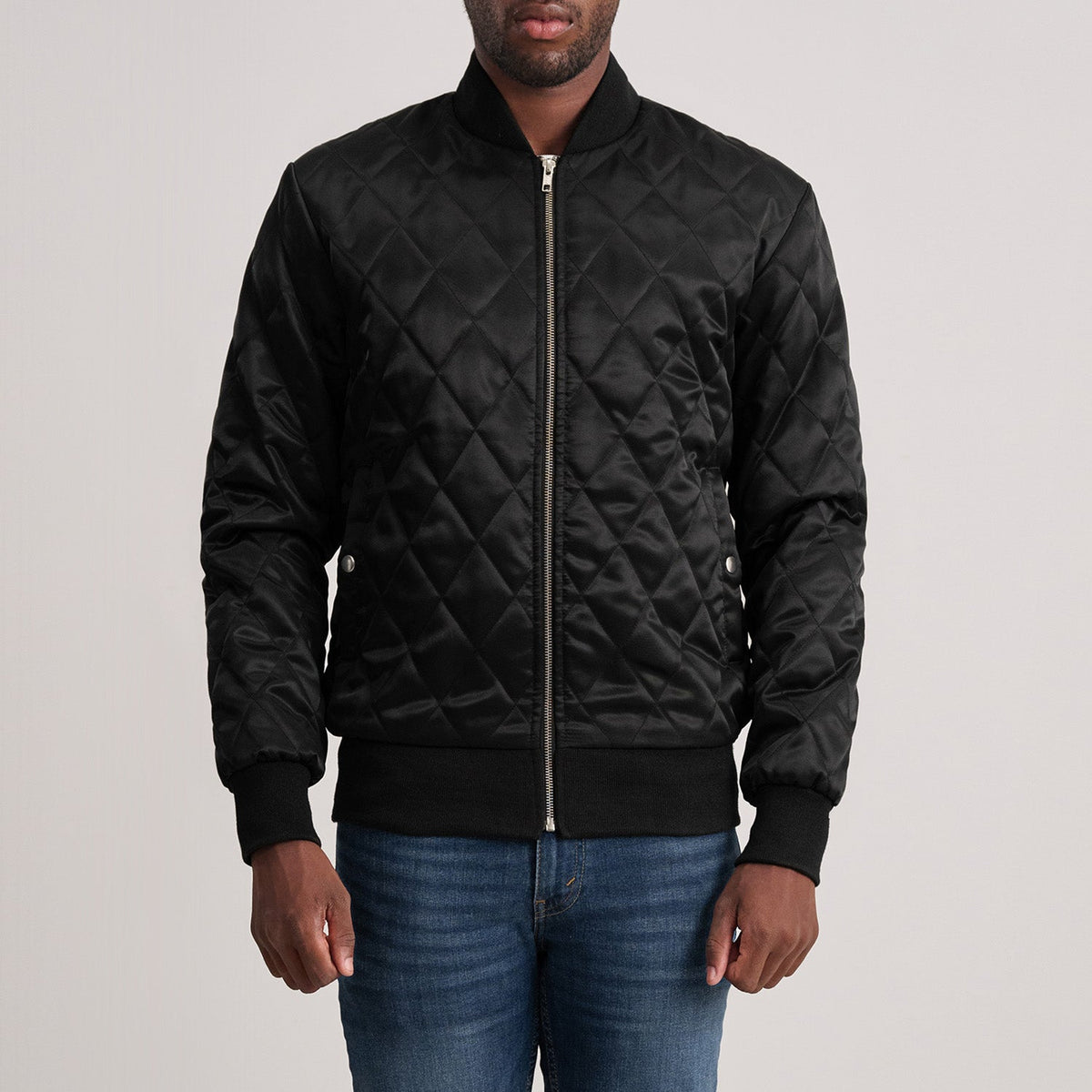 Danson Trapuntato Nero Varsity Giacca in Pelle da Uomo in Black Satin - Vista frontale e linea su misura | Acquista online