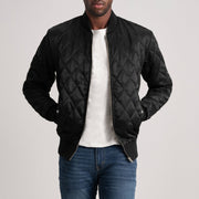 Black Satin Varsity Jacket - Vista posteriore Showing Tailored Shoulder Fit &amp; Clean Hemline