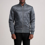 Danson Trapuntato Grigio Varsity Giacca in Pelle da Uomo in Grey Satin - Vista frontale e linea su misura | Acquista online