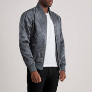 Grey Satin Varsity Jacket - Vista posteriore Showing Tailored Shoulder Fit &amp; Clean Hemline
