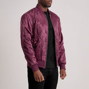 Maroon Satin Aviator Jacket - Vista posteriore Showing Tailored Shoulder Fit &amp; Clean Hemline
