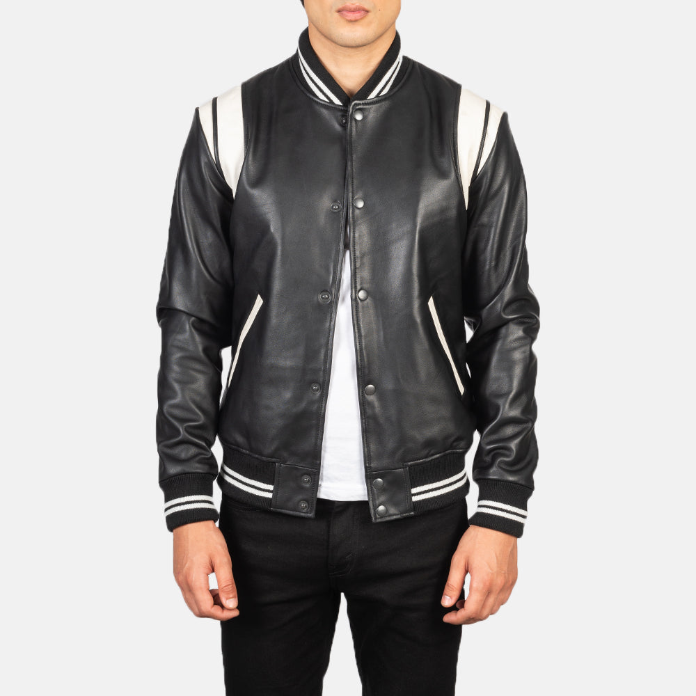 Men's Dantee Nero Leather Varsity Giacca in Pelle da Uomo in Black &amp; White Sheepskin Leather - Vista frontale e linea su misura | Acquista online