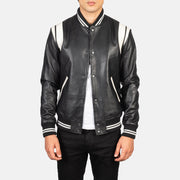 Men's Dantee Nero Leather Varsity Giacca in Pelle da Uomo in Black &amp; White Sheepskin Leather - Vista frontale e linea su misura | Acquista online