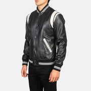 Black &amp; White Sheepskin Leather Varsity Jacket - Vista posteriore Showing Tailored Shoulder Fit &amp; Clean Hemline