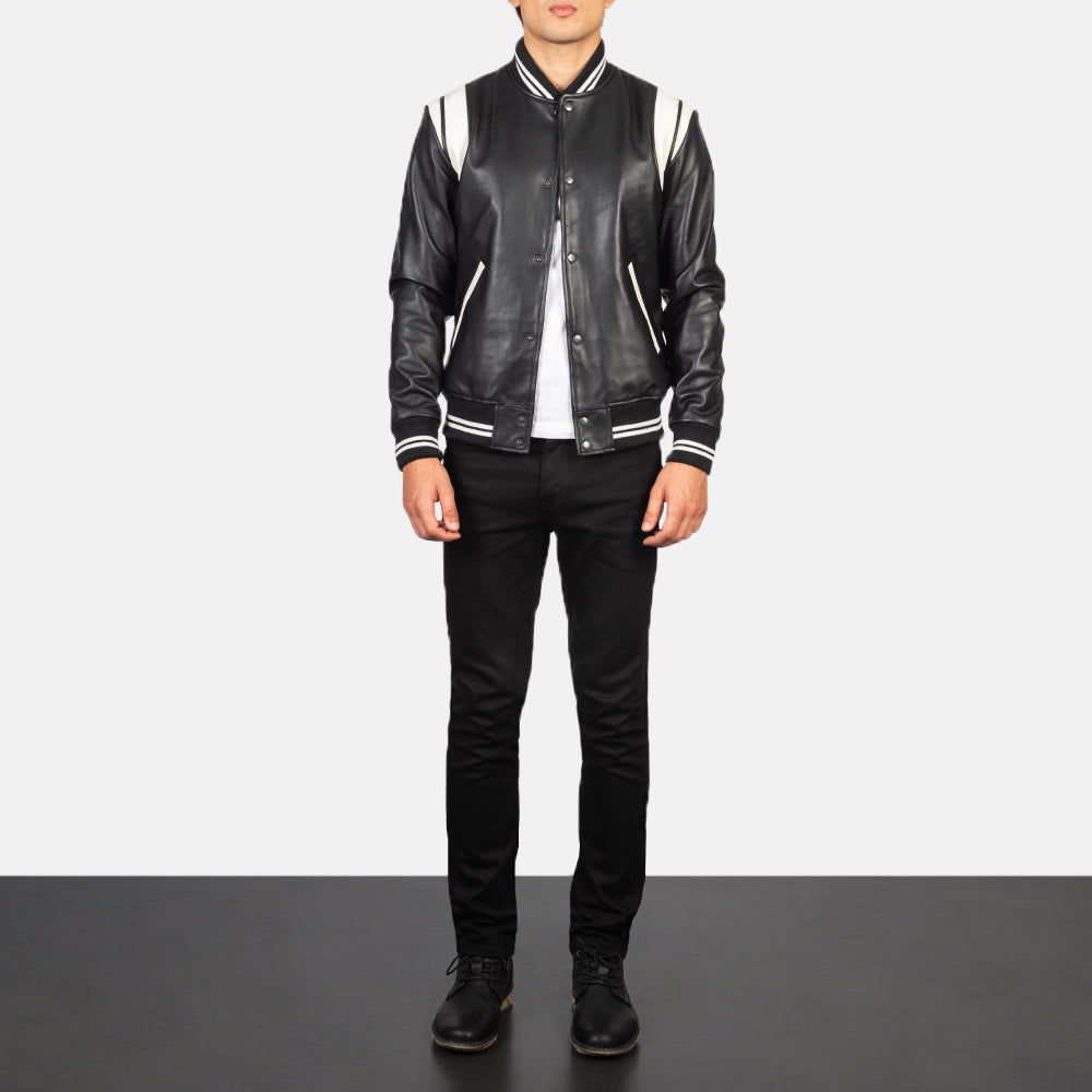 Men's Dantee Nero Leather Varsity Giacca in Pelle da Uomo - Lateral Side Profile View Showing Sleeve Cut &amp; Athletic Taper Fit
