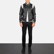 Men's Dantee Nero Leather Varsity Giacca in Pelle da Uomo - Lateral Side Profile View Showing Sleeve Cut &amp; Athletic Taper Fit