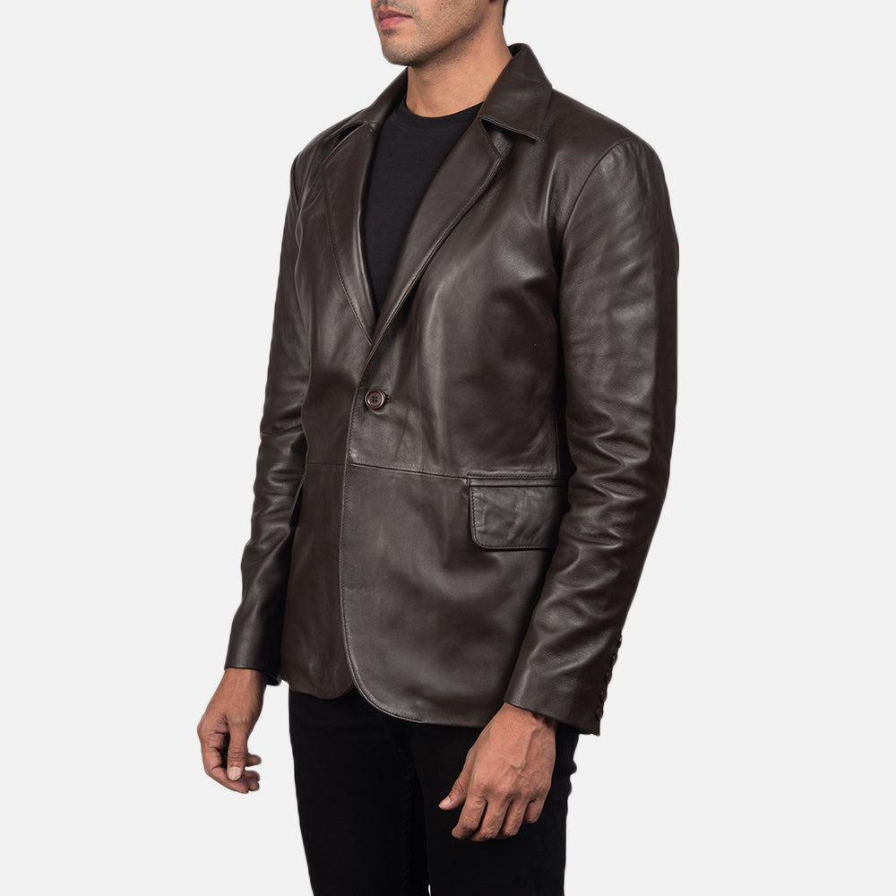 Brown Sheepskin leather Blazer - Vista posteriore Showing Tailored Shoulder Fit &amp; Clean Hemline
