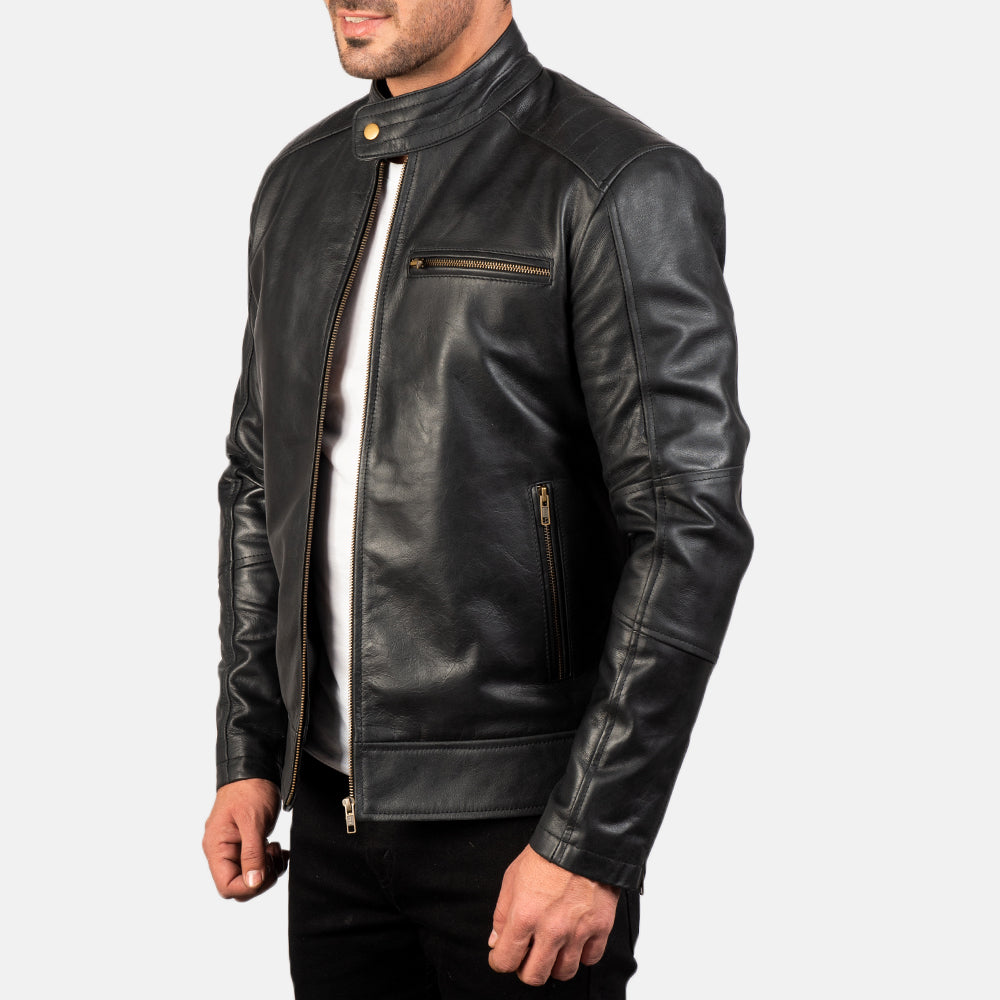 Dean Nero Giacca Biker in Pelle da Uomo - Vista posteriore Showing Tailored Shoulder Fit &amp; Clean Hemline