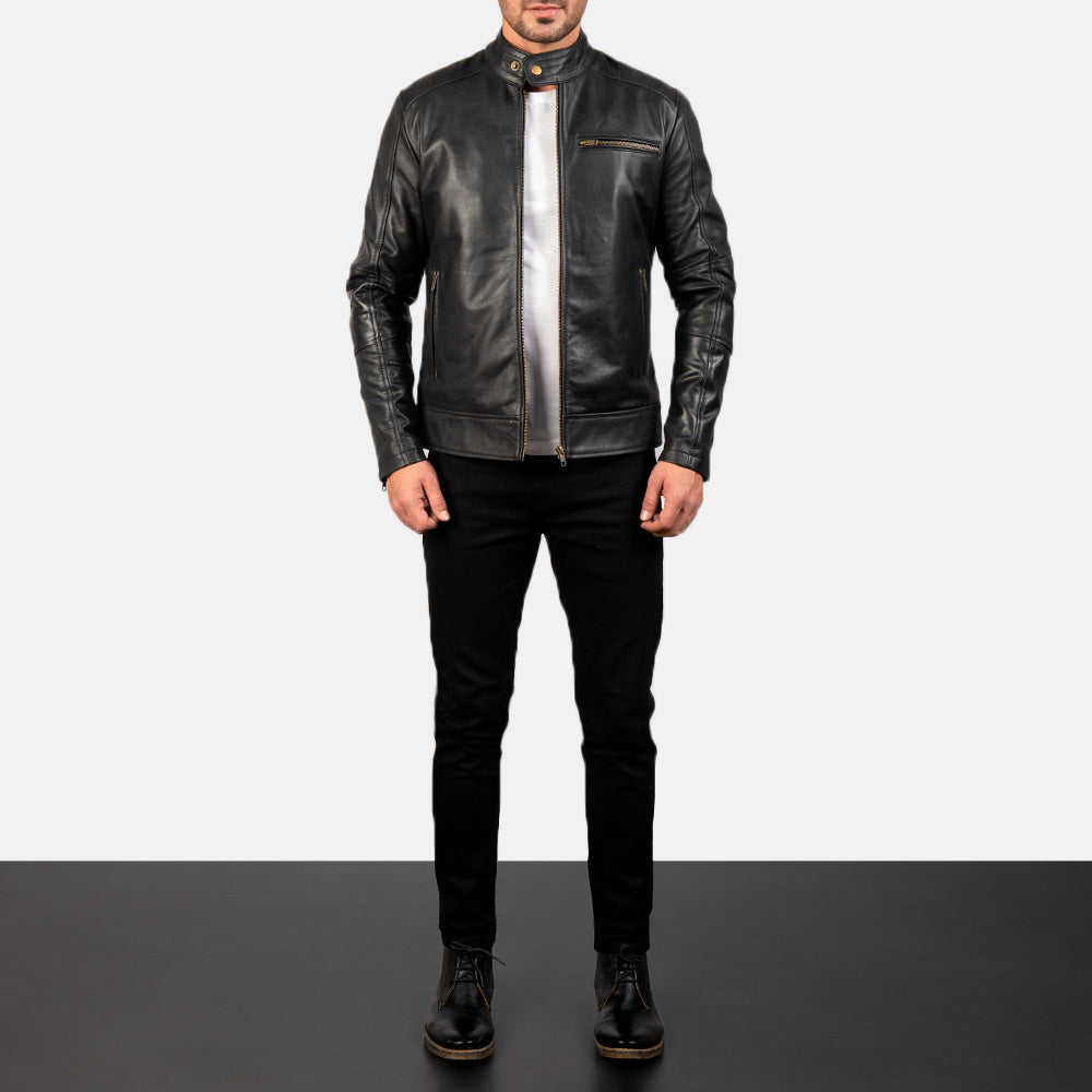 Dean Nero Giacca Biker in Pelle da Uomo - Lateral Side Profile View Showing Sleeve Cut &amp; Athletic Taper Fit