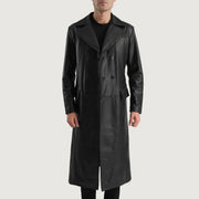 
Delmar Black Leather Double Breasted Coat in Black Cowhide Leather - Vista frontale e silhouette sartoriale | Acquista online