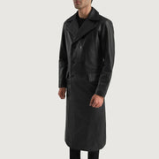 
Black Cowhide leather Coat - Vista posteriore con spalle definite e orlo pulito