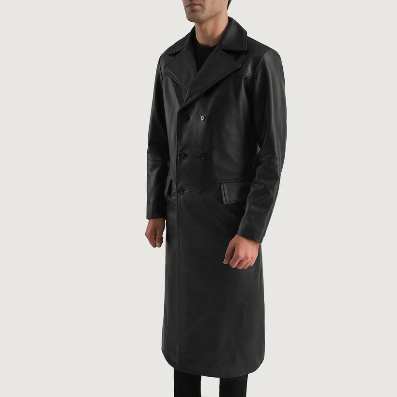 Black Cowhide leather Coat - Back View Showing Tailored Shoulder Fit & Clean Hemline