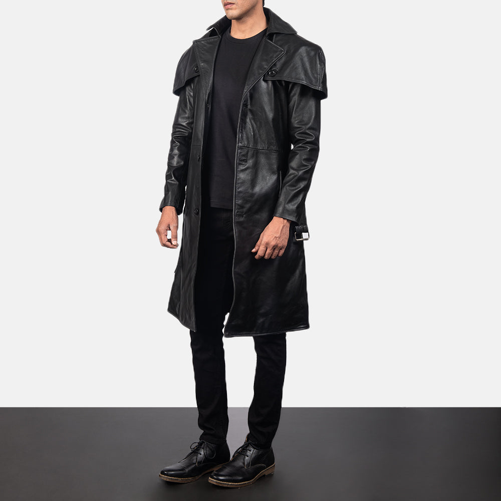 Men's Deux Nero Leather Duster da Uomo - Lateral Side Profile View Showing Sleeve Cut &amp; Athletic Taper Fit