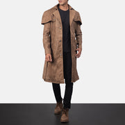 Men's Deux Marrone Leather Duster da Uomo in Distressed Brown Semi-Aniline Snuffed - Vista frontale e linea su misura | Acquista online