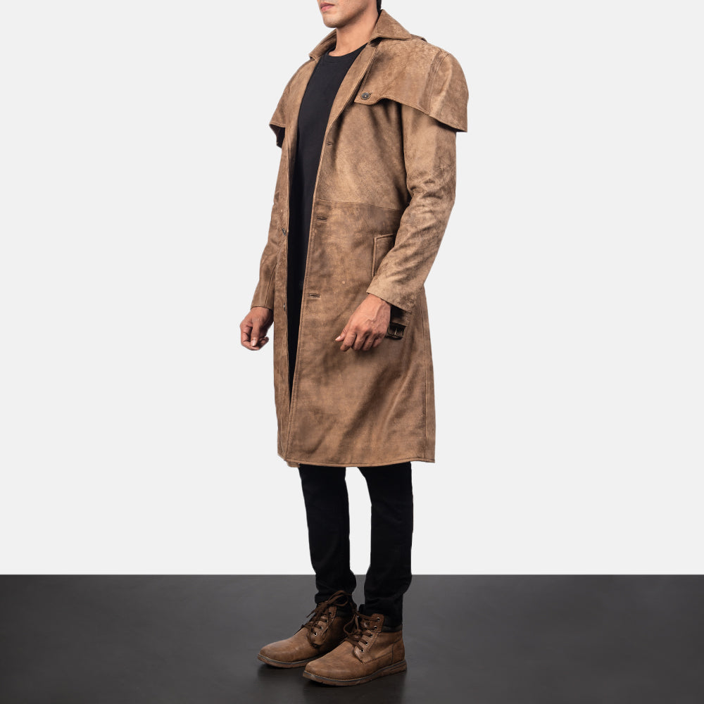 Distressed Brown Semi-Aniline Snuffed Trench Coat - Vista posteriore Showing Tailored Shoulder Fit &amp; Clean Hemline