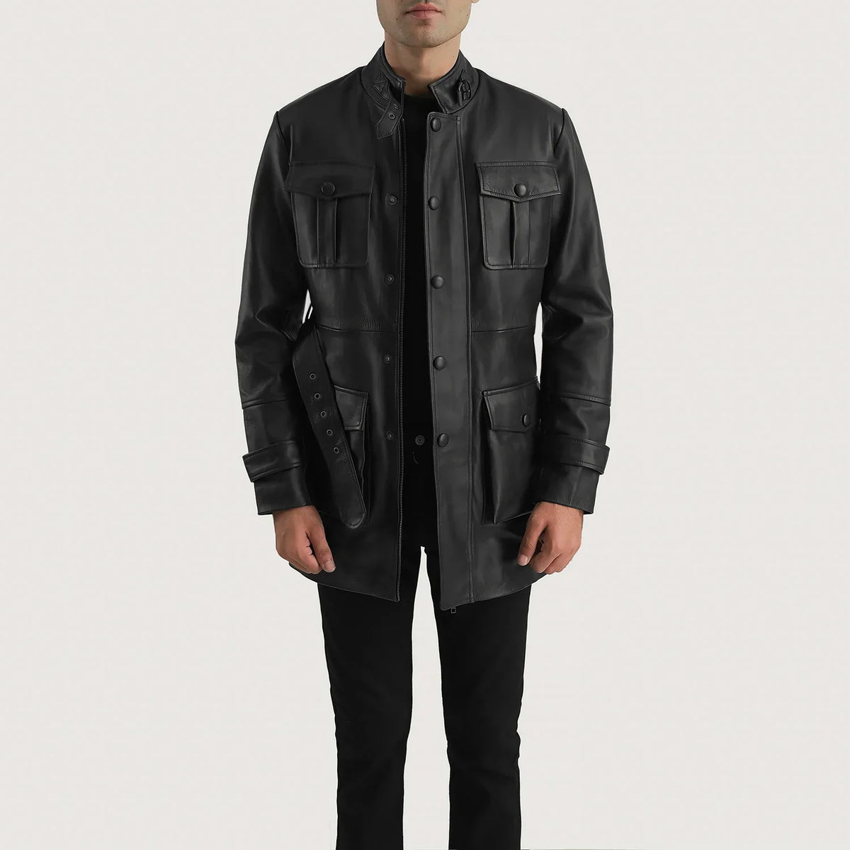 Dolf Nero Giacca in Pelle da Uomo in Black Cowhide Leather - Vista frontale e linea su misura | Acquista online