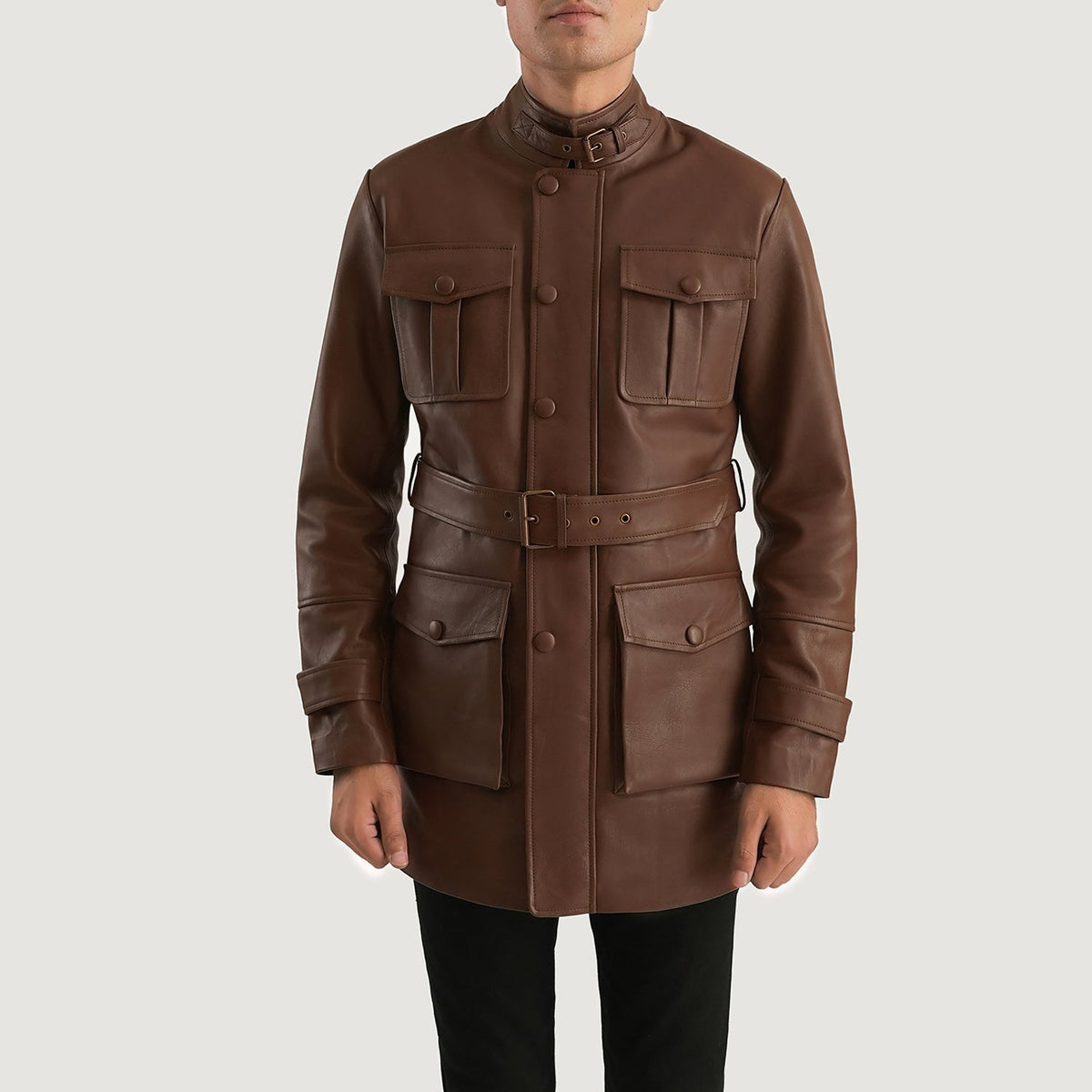 Dolf Marrone Giacca in Pelle da Uomo in Brown Cowhide Leather - Vista frontale e linea su misura | Acquista online