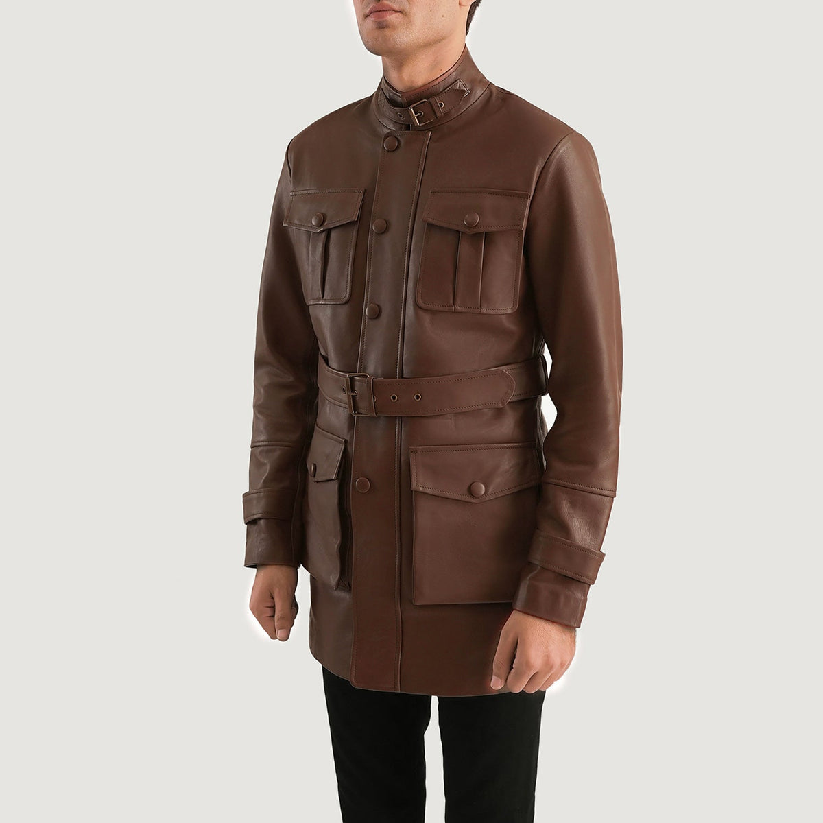 Brown Cowhide leather Jacket - Vista posteriore Showing Tailored Shoulder Fit &amp; Clean Hemline