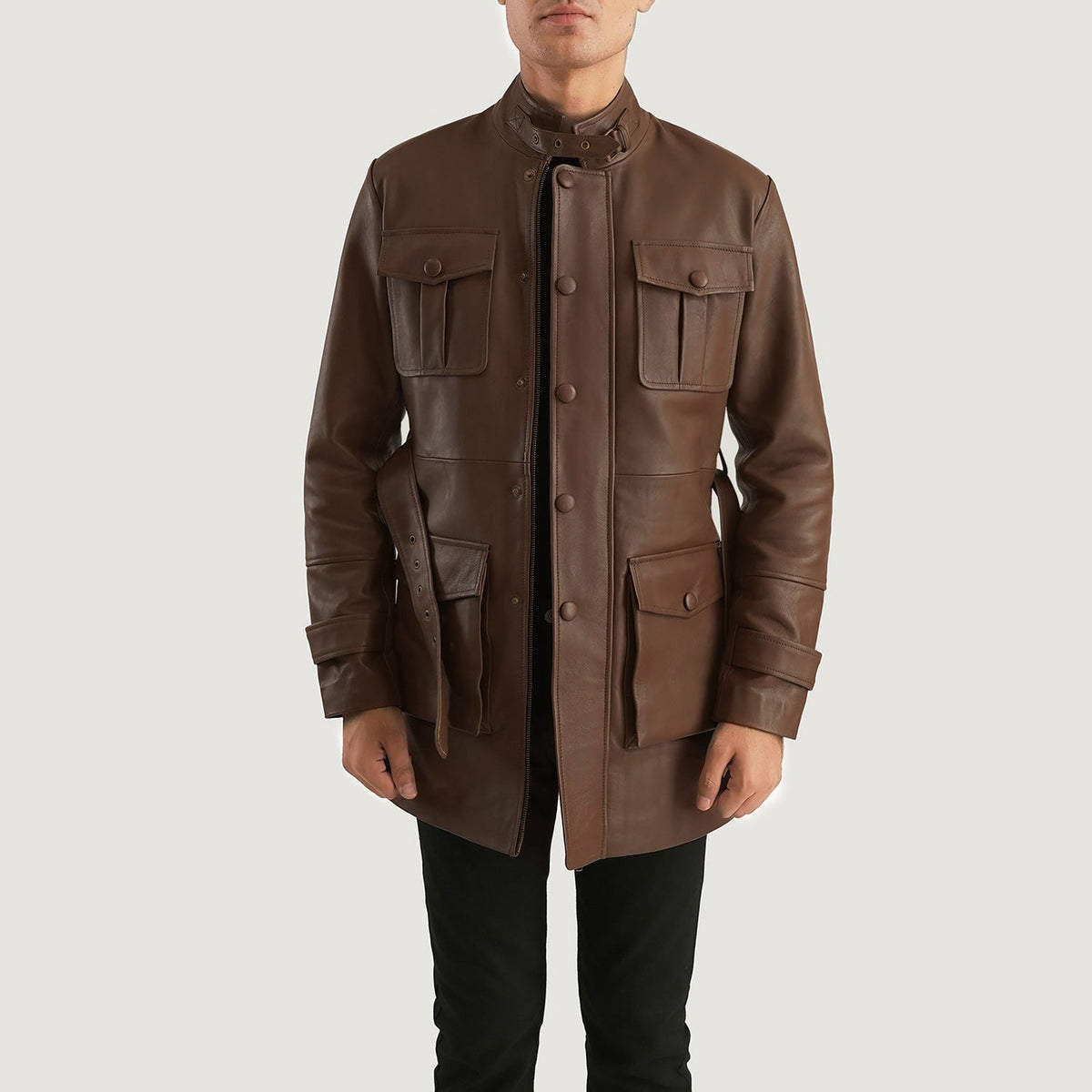 Dolf Marrone Giacca in Pelle da Uomo - Lateral Side Profile View Showing Sleeve Cut &amp; Athletic Taper Fit