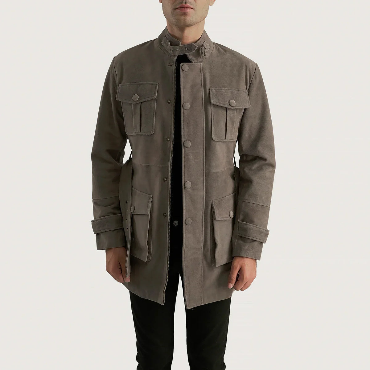 Dolf Grigio Giacca Scamosciata da Uomo in Grey Cowhide Suede - Vista frontale e linea su misura | Acquista online