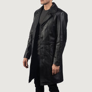 Black Cowhide leather Coat - Vista posteriore Showing Tailored Shoulder Fit &amp; Clean Hemline