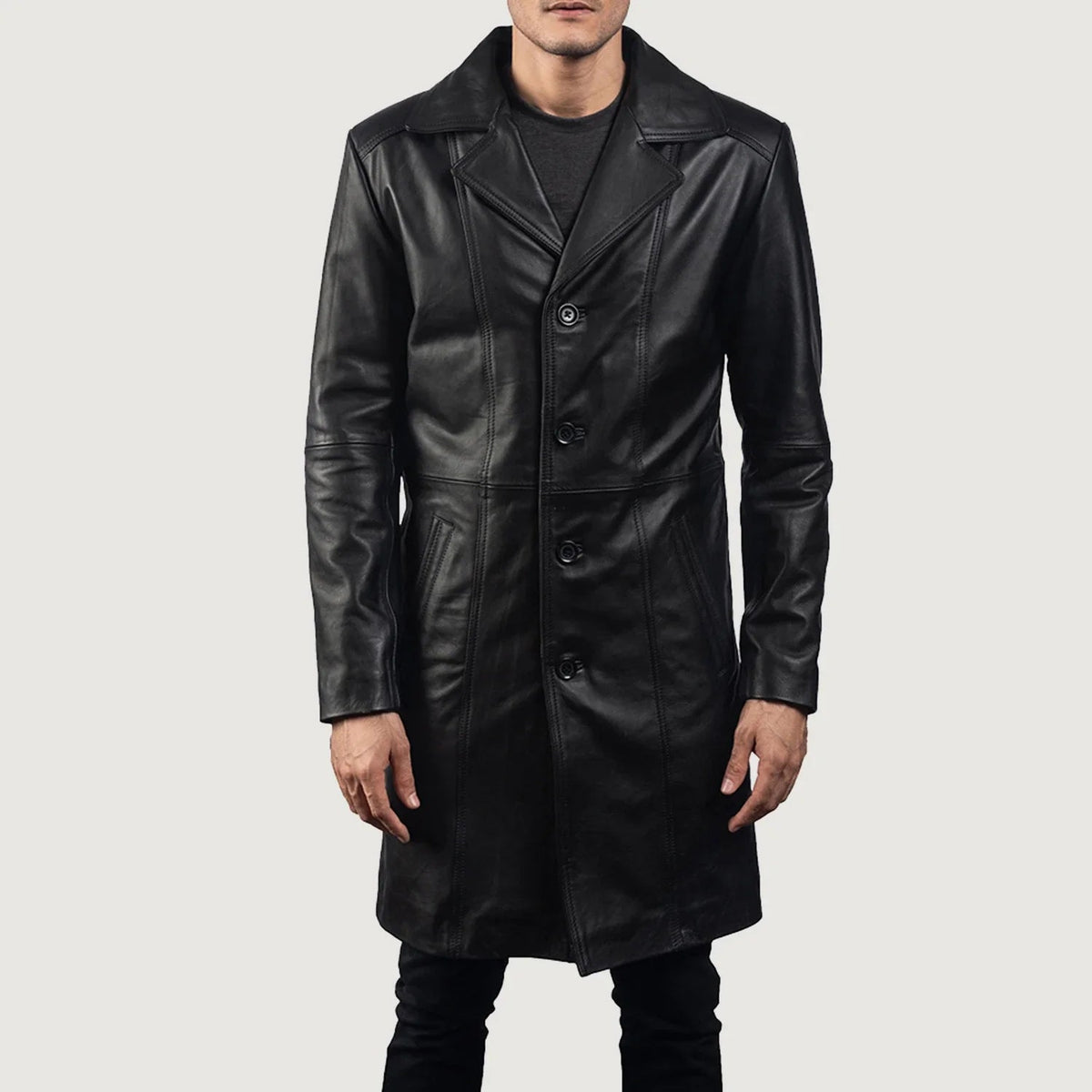 Men's Don Long Nero Cappotto in Pelle da Uomo - Lateral Side Profile View Showing Sleeve Cut &amp; Athletic Taper Fit
