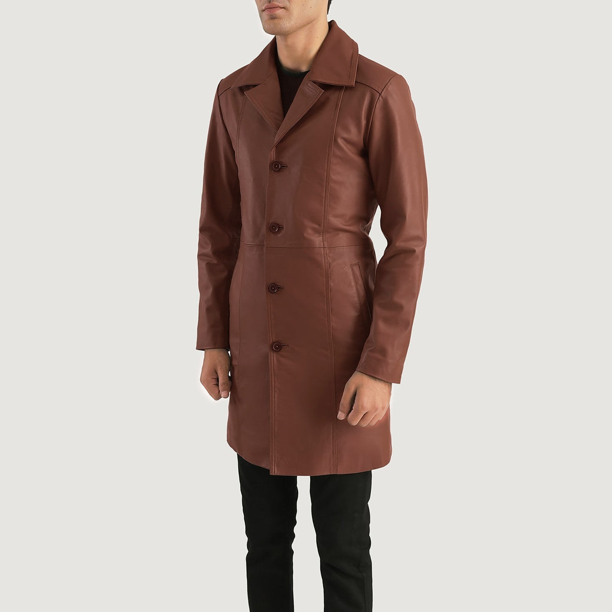 Brown Cowhide leather Coat - Vista posteriore Showing Tailored Shoulder Fit &amp; Clean Hemline