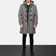 Dettaglio ravvicinato of Shirt with Removable Hood &amp; Toggle Buttons with Placket &amp; Zipper Hardware on Men's Grey Wool Duffle Coat