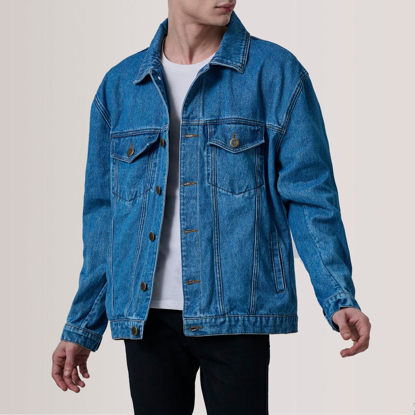 Eddie Dark Blu Oversized Denim Trucker Giacca in Pelle da Uomo