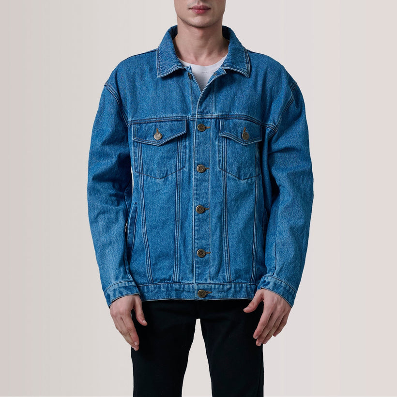 Eddie Dark Blu Oversized Denim Trucker Giacca in Pelle da Uomo