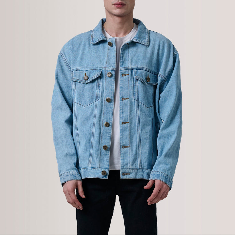 Eddie Light Blu Oversized Denim Trucker Giacca in Pelle da Uomo