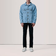 Light Blue Full-Grain leather Jacket - Vista posteriore con spalle sartoriali e orlo pulito