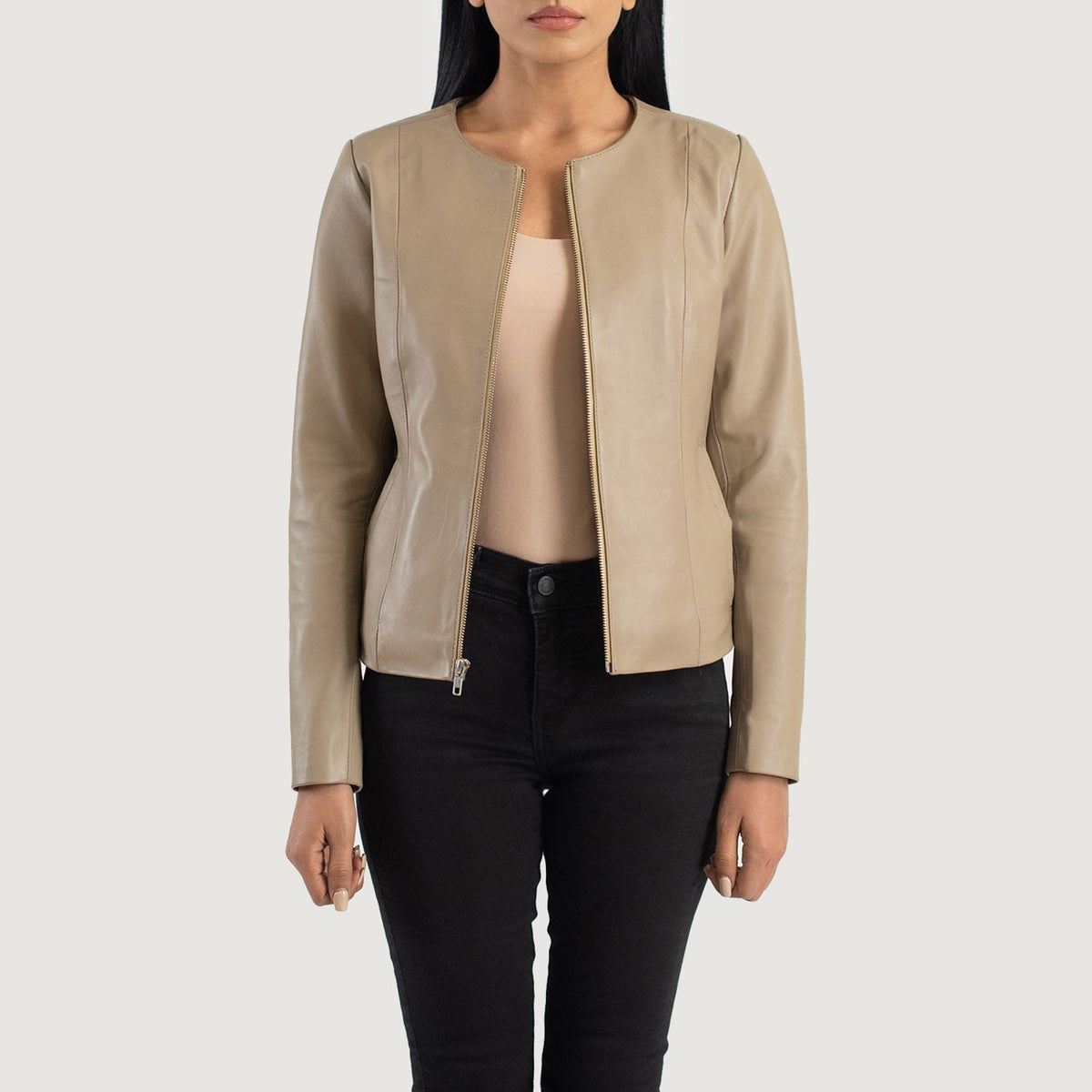 Elixir Beige Collarless Leather Jacket in Beige Sheepskin Leather - Vista frontale e linea su misura | Acquista online