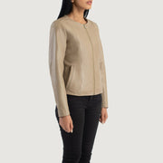 Beige Sheepskin Leather Biker Jacket - Vista posteriore Showing Tailored Shoulder Fit &amp; Clean Hemline