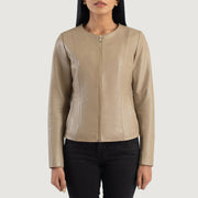 Dettaglio ravvicinato of Collarless &amp; Zipper Hardware on Elixir Beige Collarless Leather Jacket