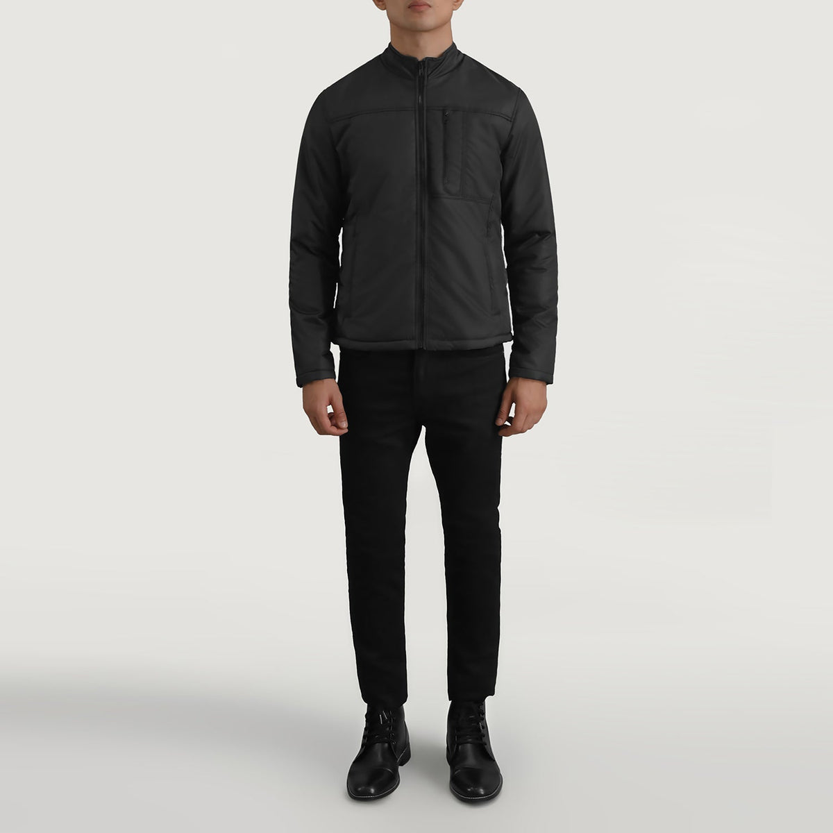 Elliot Nero Lightweight Giacca in Pelle da Uomo - Lateral Side Profile View Showing Sleeve Cut &amp; Athletic Taper Fit