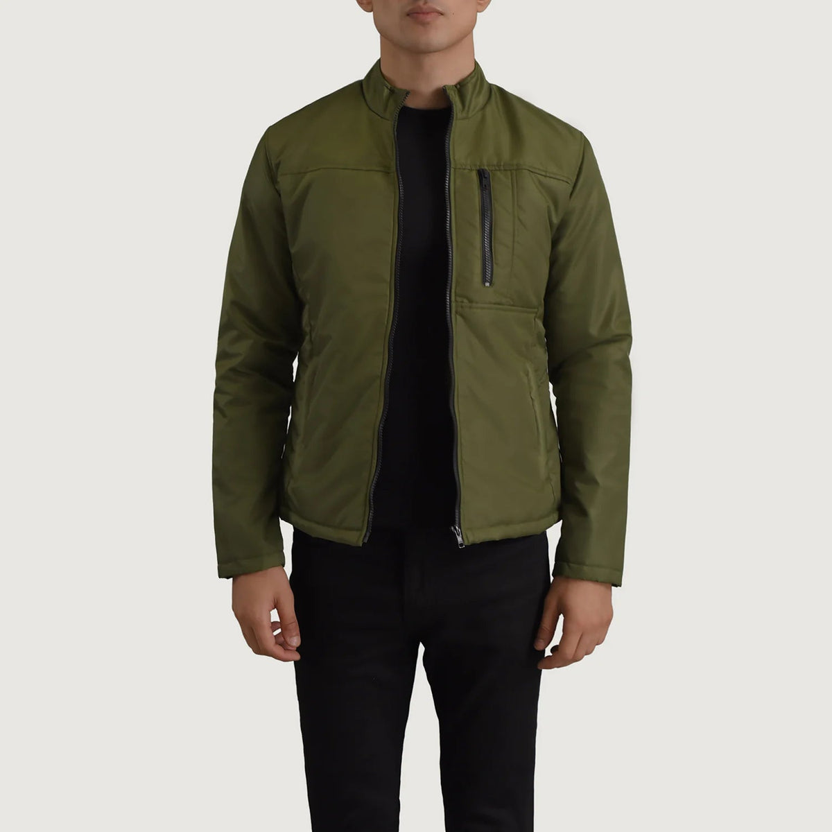 Elliot Verde Lightweight Giacca in Pelle da Uomo in Green Full-Grain Leather - Vista frontale e linea su misura | Acquista online