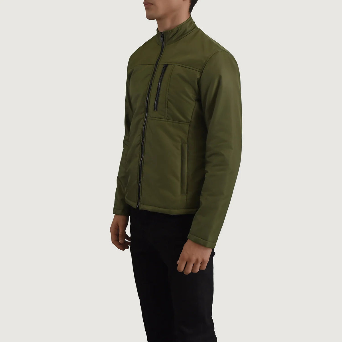 Green Full-Grain Leather Winter Jacket - Vista posteriore Showing Tailored Shoulder Fit &amp; Clean Hemline