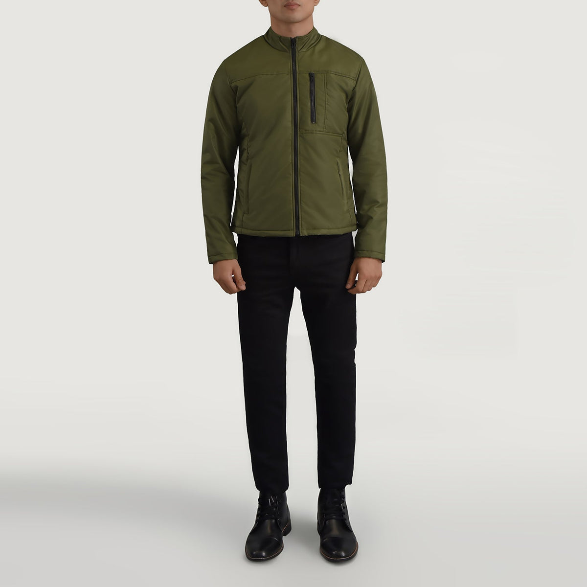 Elliot Verde Lightweight Giacca in Pelle da Uomo - Lateral Side Profile View Showing Sleeve Cut &amp; Athletic Taper Fit
