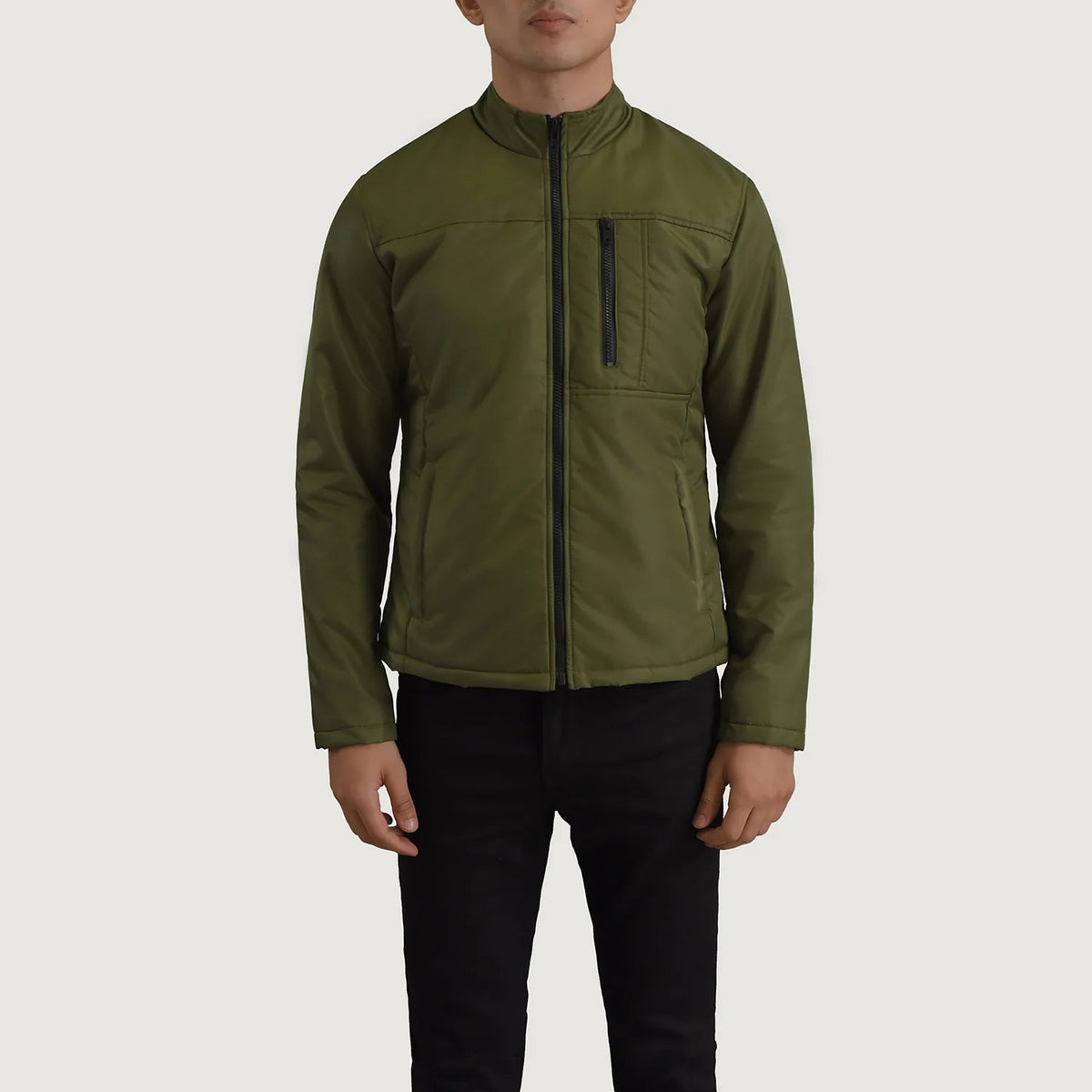 Dettaglio ravvicinato of Classic Collar &amp; Zipper Hardware on Elliot Verde Lightweight Giacca in Pelle da Uomo