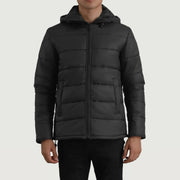 
Erico Nero Hooded Puffer Giacca in Pelle da Uomo in vera pelle bovina nera - Vista frontale e silhouette sartoriale | Acquista online