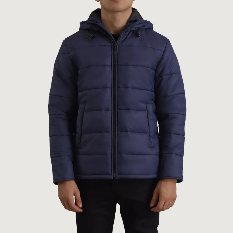 Erico Blu Hooded Puffer Giacca in Pelle da Uomo