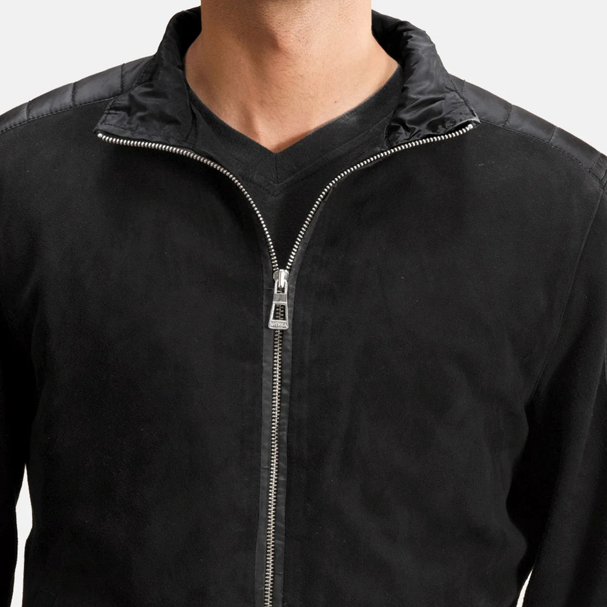 Close-Up Detail of High Neck & Zipper Hardware on Men's Ethan Hybrid Suede Bomber Jacket