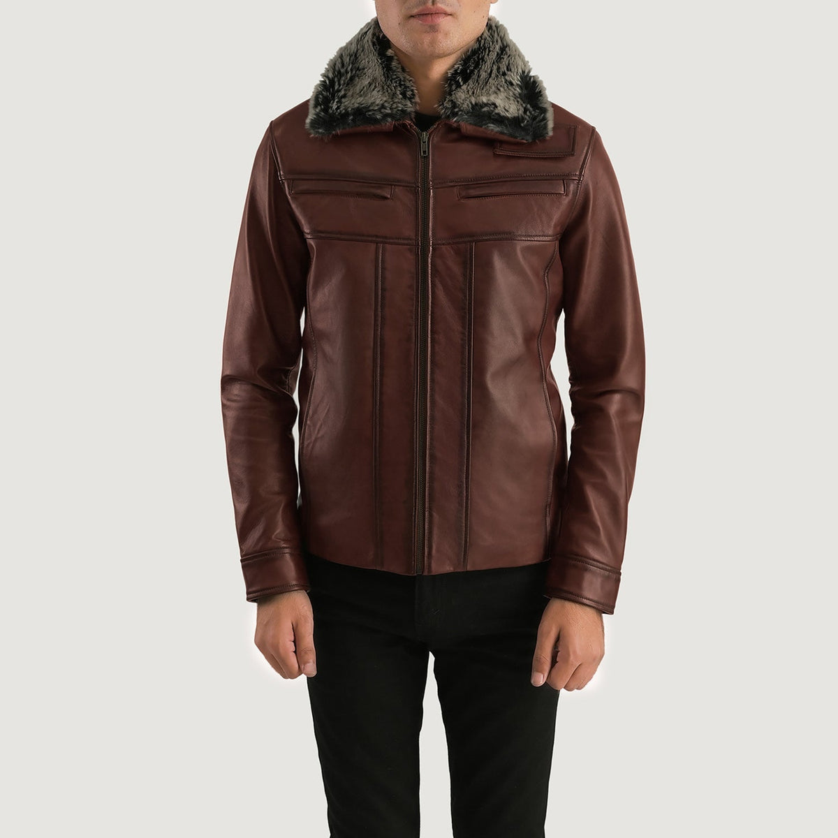 Men's Evan Hart Fur Marrone Giacca in Pelle da Uomo in Distressed Brown Sheepskin Burnishing - Vista frontale e linea su misura | Acquista online