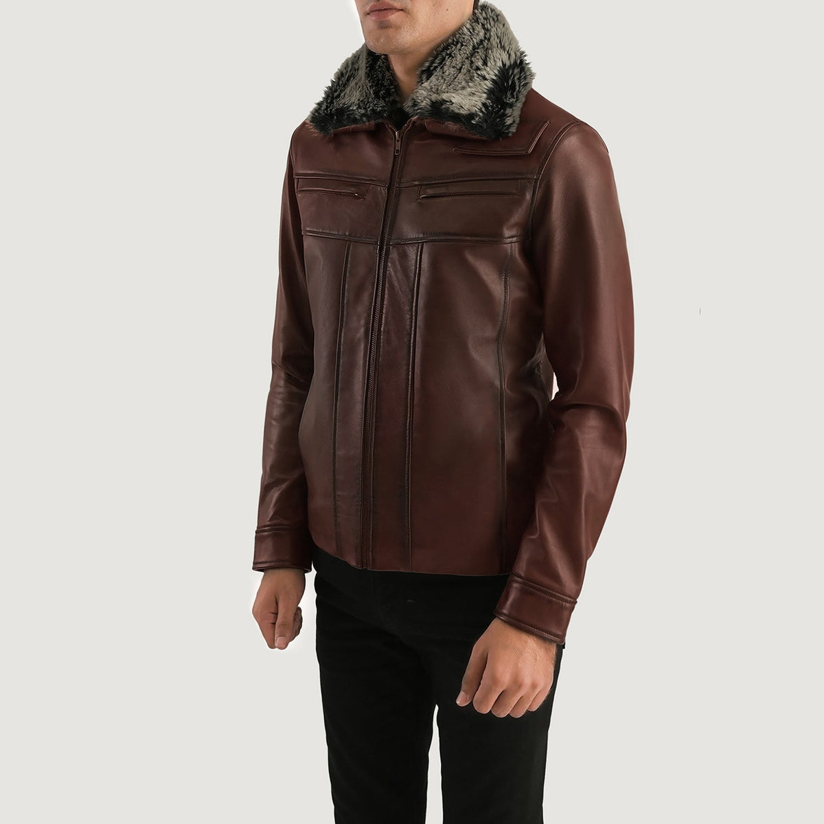 Distressed Brown Sheepskin Burnishing Aviator Jacket - Vista posteriore Showing Tailored Shoulder Fit &amp; Clean Hemline