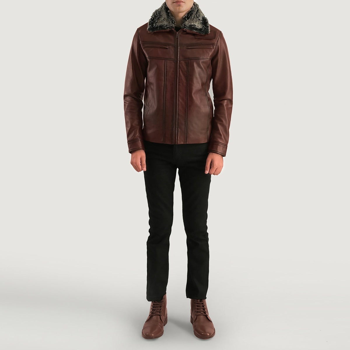 Dettaglio ravvicinato of Shirt &amp; Zipper Hardware on Men's Evan Hart Fur Marrone Giacca in Pelle da Uomo