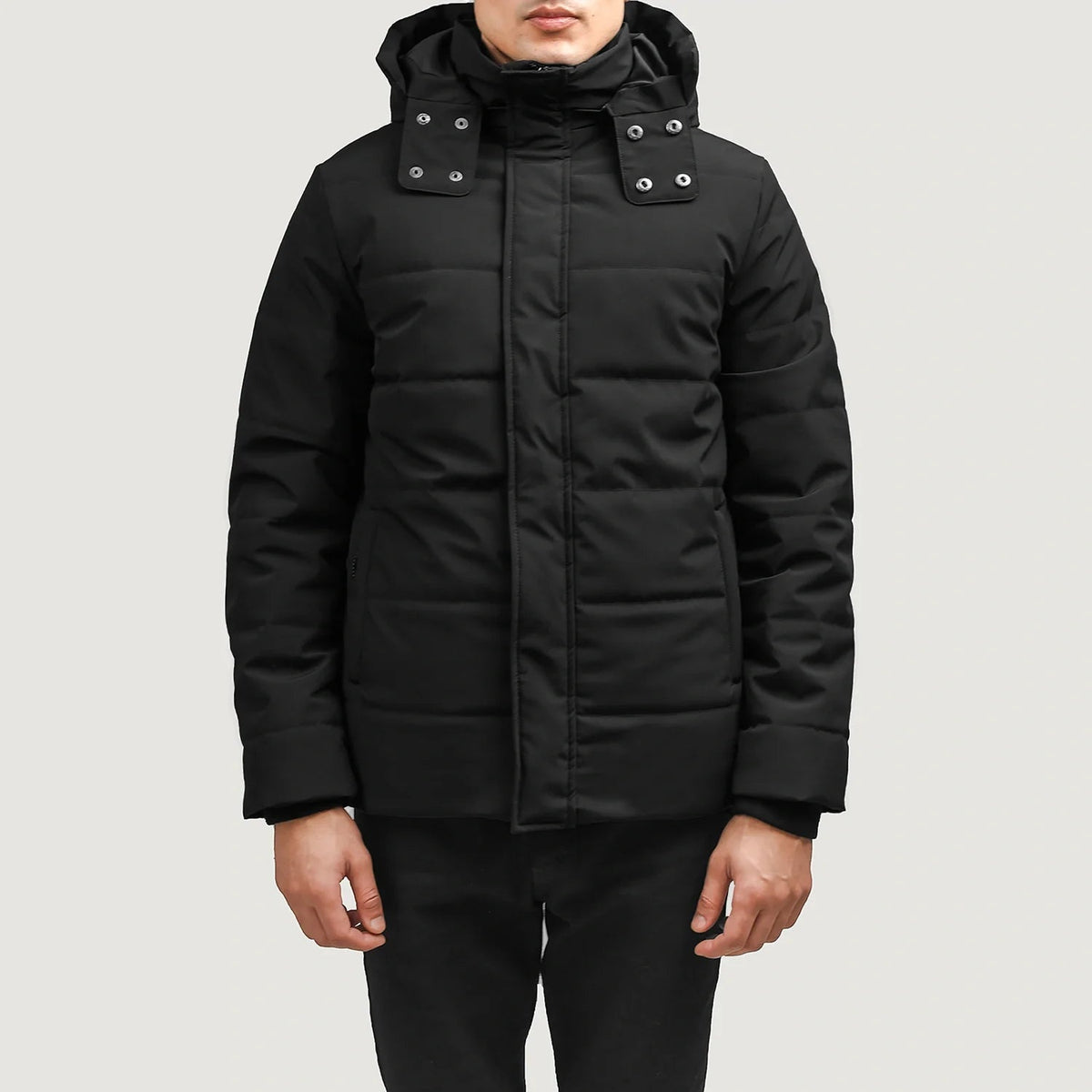Exton Nero Hooded Down Puffer Giacca in Pelle da Uomo in Black Full-Grain Leather - Vista frontale e linea su misura | Acquista online